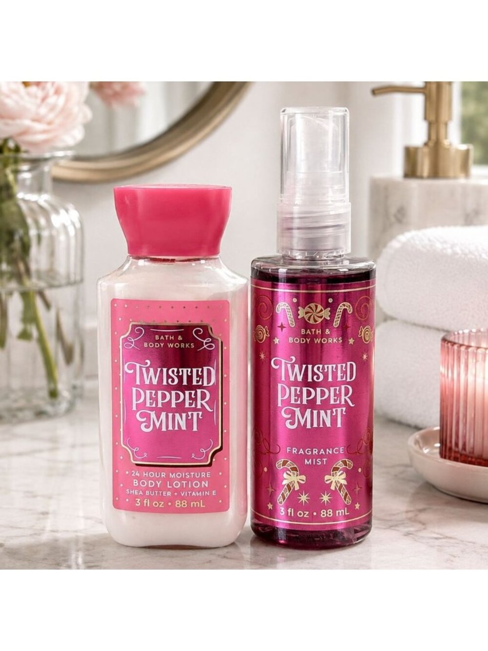 Bath & Body Works TWISTED PEPPERMINT Fragrance Mist & Lotion 3 oz Travel Set BBW